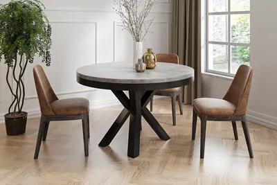 Produktbild von Runder Ausziehbarer Esstisch im Loft-Stil - Industrieller Tisch mit Schwarzen Metallbeinen - Platzsparender Tisch für Wohnzimmer - Grauer Beton - 100 bis 180 cm