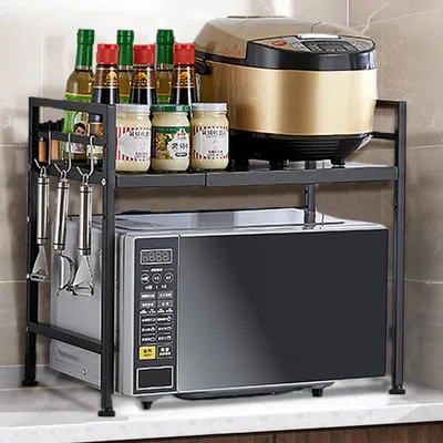 Image de Support pour micro-ondes Étagère à épices extensible Étagère pour micro-ondes Étagère de cuisine avec 3 crochets Noir