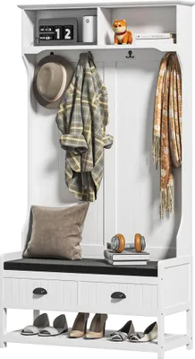 Produktbild von Garderobenständer mit Haken, Garderobe mit Schuhbank, für Eingangsbereich, Flur, Metall, MDF, Weiß+Grau