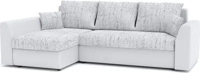 A white sectional sofa with gray patterned cushions against a white background.