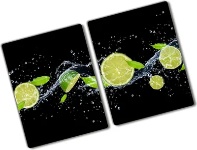 Produktbild von Tulup Glas Herdabdeckplatte - 2x40x52 cm - Glaskeramikkochfeld-Abdeckung Spritzschutz Glasabdeckplatte Kochplattenabdeckung und Schneidebrett - Zweiteilig - Essen & Getränke - Limetten und Wasser - Grün