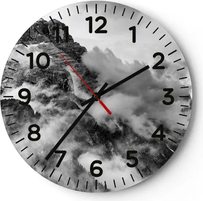 Produktbild von Wanduhr - Rund - Glasuhr - Berge Nebel Gipfel - 30x30cm - Schleichendes Uhrwerk - Lautlos - zum Aufhängen bereit - Dekoration Modern - Wanddekoration aus Glas - C4AR30x30-3664