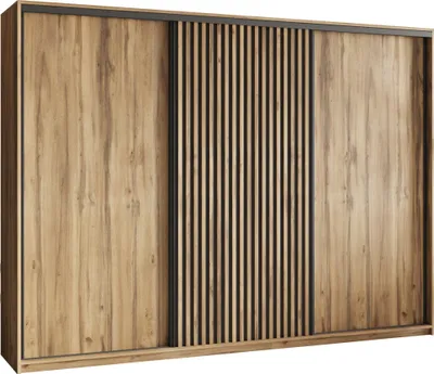 Produktbild von Masseno Schiebetürenschrank VONTE 250/205/60 cm Kleiderschrank mit Lamellen und Schubladen Schlafzimmer Schrank 3-türig Eiche Wotan + Schwarz