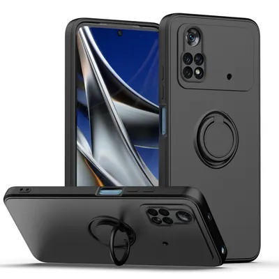 Obrázek produktu pro Xiaomi Poco M4 4G Pouzdro, s prstencovým držákem a stojánkem, odolné proti poškrábání, měkký silikon pouzdro pro Xiaomi Poco M4 4G černé