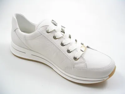 A white leather sneaker is shown from the side against a white background.