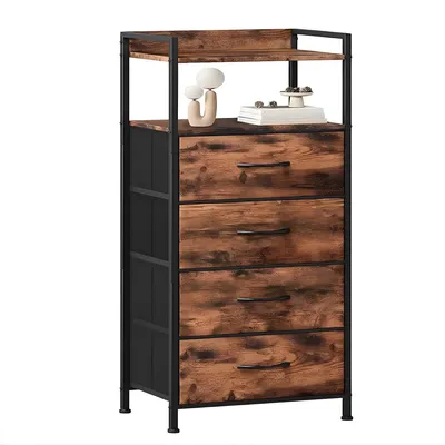 Productafbeelding van Nachtkastje met 4 lades – geschikt voor slaapkamer en woonkamer – bijzettafel met open vak – materiaal: stof/metaal, MDF – kleur: bruin