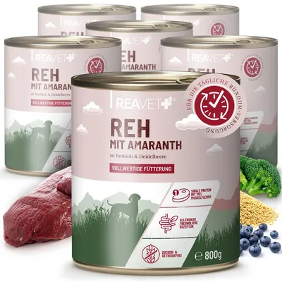 Produktbild von REAVET Hundenassfutter – Reh mit Amaranth an Brokkoli & Heidelbeere 6 x 800g | mit hohem Fleischanteil & viel Muskelfleisch | Getreidefrei & ohne Zucker