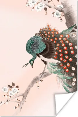Produktbild von MuchoWow® Poster Pfau - Baum - Blumen - Japanisch - Skandinavisch 40x60 cm - Plakate für die Wand - Poster Babyzimmer