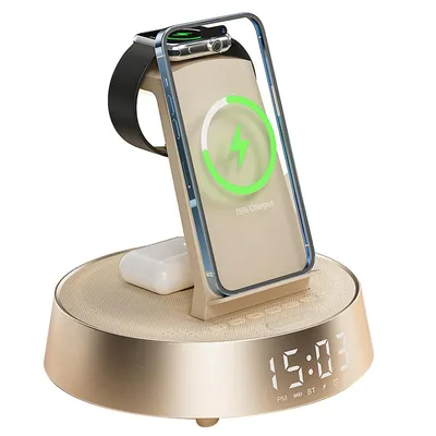 Produktbild von 6-in-1 Kabelloses Ladegerät für iPhone & Samsung, Radiowecker mit Bluetooth-Lautsprecher, für Apple Watch & AirPods mit Licht