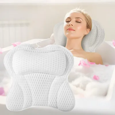 Imagen del producto de Almohada para la ducha con soporte para el cuello, 6 ventosas, color blanco, para la bañera