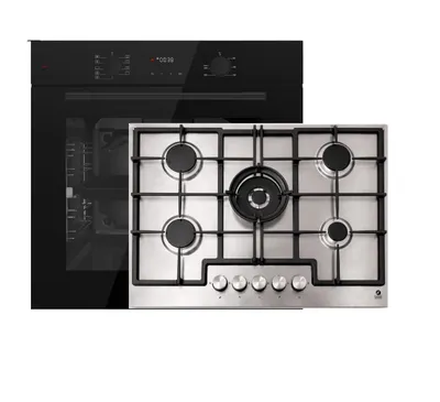 Produktbild von Böhme Herdset mit Einbaubackofen Schwarz Glas mit Heißluft, Timer, 1-fach Teleskopauszug HB60F78PPB + Gasline GAG75INX Gaskochfeld 75cm