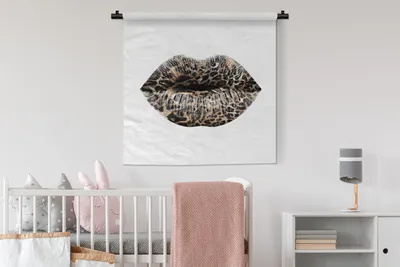 Produktbild von MuchoWow® Wandteppich Wandbehang Lippen - Tigerdruck - Weiß 90x90 cm Tapisserie Dekoration Wandtuch - Wandaufhänger