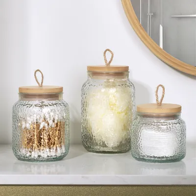 Produktbild von Navaris 3er Set Glasbehälter für Badezimmer - Aufbewahrung Badezimmer - Wattestäbchen Behälter Wattepads Ohrstäbchen Spender - Bad Organizer -