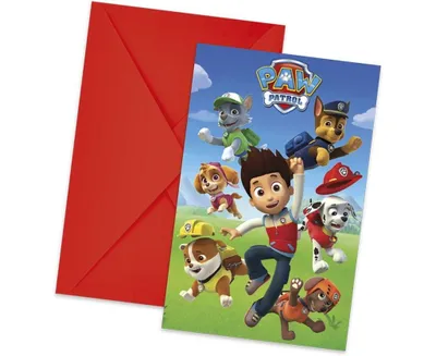 Zdjęcie produktu dla Zaproszenia urodzinowe "Paw Patrol - Gotowi do Akcji" z kolorową kopertą, 6 sztuk – idealne na każdą imprezę dla małych bohaterów!
