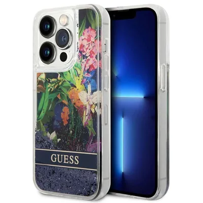 Obrázek produktu pro Guess Guhcp14Xlflsb Iphone 14 Pro Max 6.7 Modro/Modré Pevné Pouzdro Flower Liquid Glitter