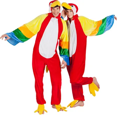 Two people wearing parrot costumes.
