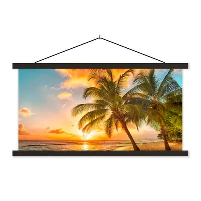 Produktbild von MuchoWow® Textilposter Sonnenuntergang - Palme - Wolken - Meer - Strand 60x30 cm mit schwarzem Rahmen - Textilien