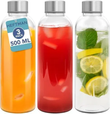 Productafbeelding van Set van 3 Glazen Flessen 500ml met Roestvrijstalen Deksels