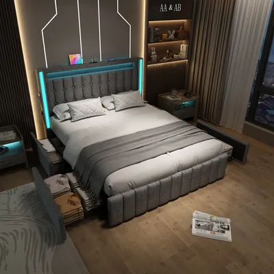 Produktbild von MODFU Polsterbett Jugendbett 140 x 200 cm mit USB-Ladeanschluss und LED-Beleuchtung, Doppelbett Stauraumbett mit 4 Schubladen Leinenstoff Grau(Ohne Matratze)