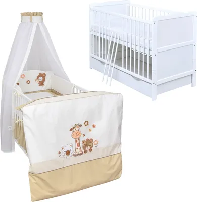 Produktbild von Baby-Delux Babybett Kinderbett Jack 140×70 weiß inkl. Schublade Bettwäsche komplett Set Safari