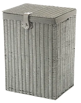 A grey wicker laundry basket with a grey fabric liner and a metal clasp on the lid.