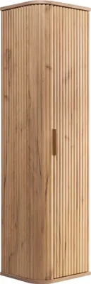 A tall, narrow wooden cabinet with a fluted design and a single handle on the right door.