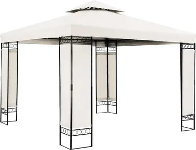 A white gazebo with black metal frame and decorative side panels, shown against a white background.