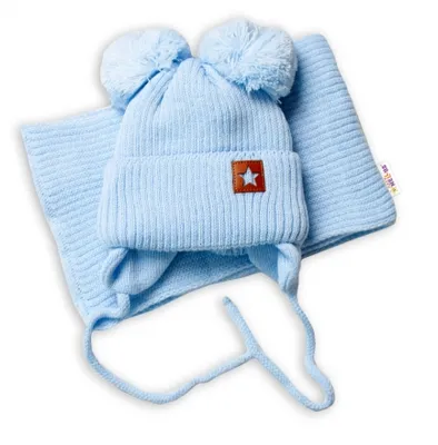 Obrázok produktu pre Baby Nellys Detská zimná čiapka so šatkou STAR - modrá s bambuľkami,