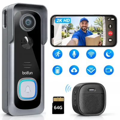 Produktbild von 2K Video-Tš¹rklingel mit Kamera Kabellos 64GB IP66 wasserdicht Nachtsicht intelligente AI Bewegungserkennung keine Abokosten