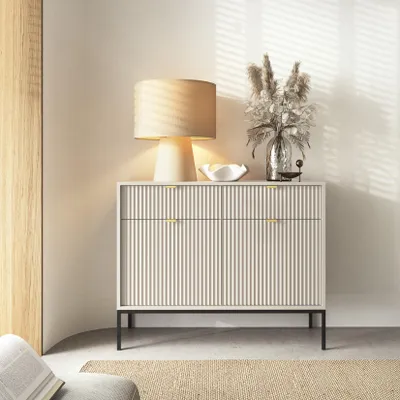 Produktbild von Moderne Geriffelte Kommode KIOTO K2D2SZ Kaschmir Schwarz Gestell Schrank Sideboard