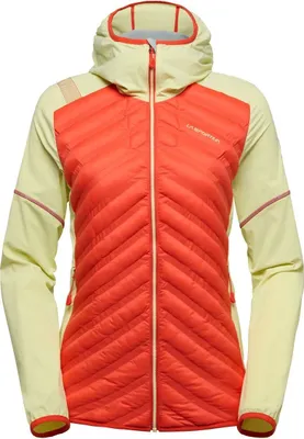 Koro Jkt W von La Sportiva; Damen-Isolationsjacke in leuchtendem Orange und Gelb; mit Kapuze und sportlichem Design.