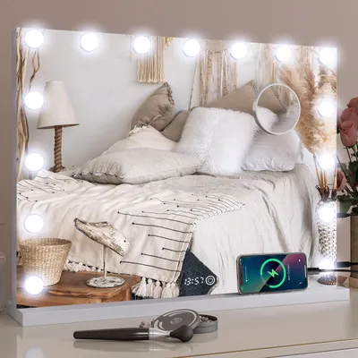 Produktbild von Puluomis Kosmetikspiegel Hollywood 58x45cm mit Digitaler Zeit, Temp. Schminkspiegel mit USB 15 LED Dimmbar, 10x Vergrößen, Spiegel Wandspiegel weiß
