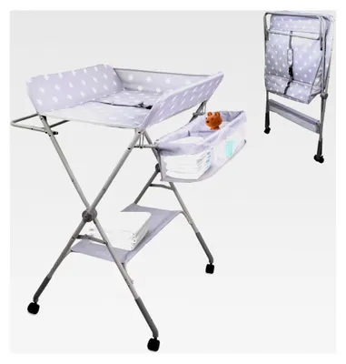 Produktbild von Wickeltisch, klappbar, höhenverstellbar, bis zu 15 kg, 0–36 Monate, Windel-Organizer, 360°-Räder mit Bremse, Gurt und Sicherheitszaun, waschbarer Bezug, Aufbewahrung, Zoey