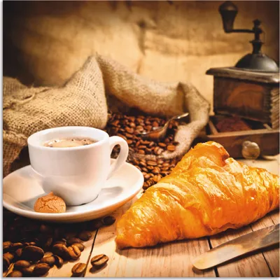 Produktbild von ARTland Wandbild Alu für Innen & Outdoor Kaffeetasse mit Croissant Größe: 40x40 cm