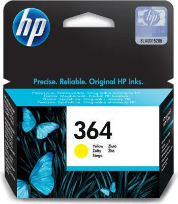 The image shows the packaging of an HP 364 yellow ink cartridge, featuring butterflies and grass.