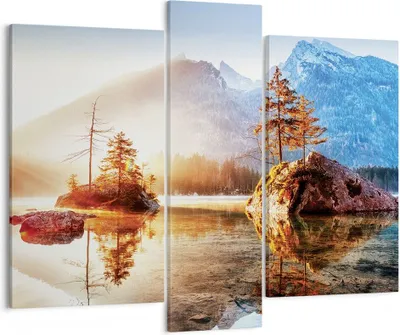 Produktbild von Bild auf Leinwand - Leinwandbild - 3 Teile - Morgendämmerung Berge See - 95x80cm - Wand Bild - Wanddeko - Wandbilder - Leinwanddruck - Bilder - Wanddekoration - Leinwand bilder - CB95x80-4617