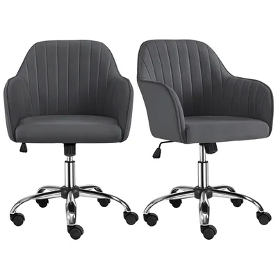 Two identical gray office chairs are shown from a front-side angle against a white background.