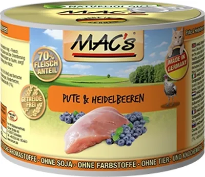 Produktbild von MAC's CAT PUTE & HEIDELBEEREN, Adult, Heidelbeere, Truthahn, 200 g, Getreidefrei