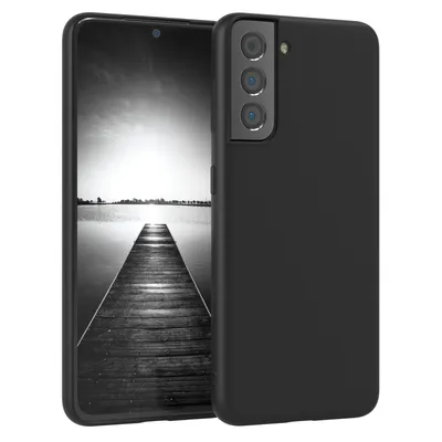 A black phone case is shown on a white background, with a phone inside displaying a black and white image of a pier.