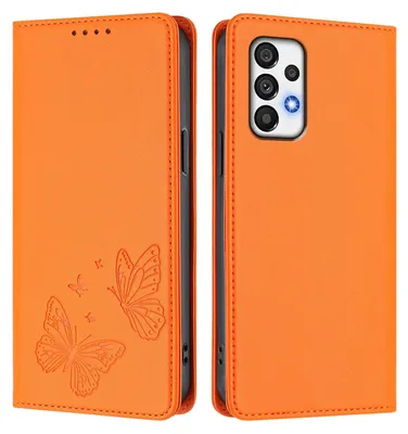 Produktbild von Lederhülle für Samsung Galaxy A72, Schmetterling Prägung Leder Brieftasche Schutzhülle mit Ständer Orange