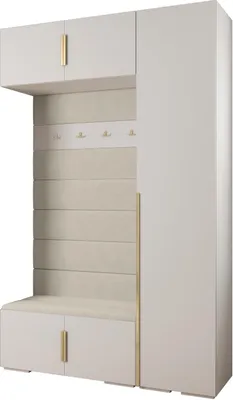 A white and gold entryway furniture set with a bench, coat hooks, and cabinets.