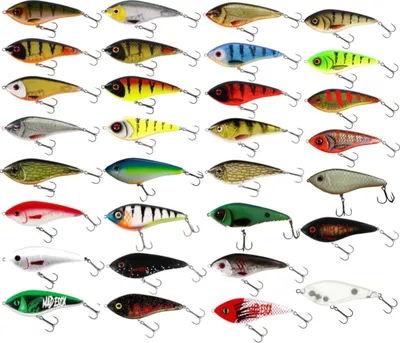 A grid of various fishing lures with different colors and patterns.