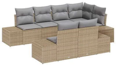 Produktbild von Gartenbank – Terrassenmöbel – Modulares Lounge-Set für 7 Personen, wetterfest, aus Poly-Rattan, mit hellgrauen Kissen