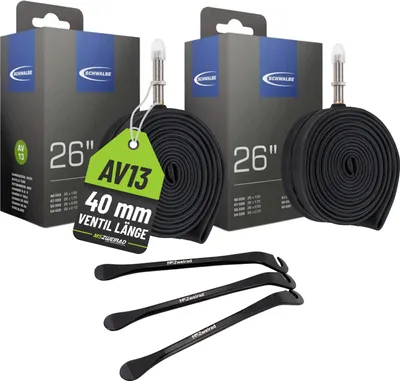 Produktbild von 2er Set Schwalbe Fahrrad Schlauch AV13 40mm 26 Zoll (40/62-559) inklusive 3 MSZweirad Reifenheber