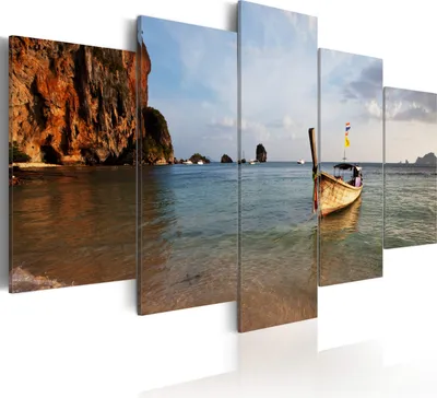 Produktbild von Wandbilder Meerlandschaft Berge Boote Himmel Panorama 200x100 cm 5 tlg – Leinwanddruck, Wanddeko Schlafzimmer, Leinwandbilder 030213-3