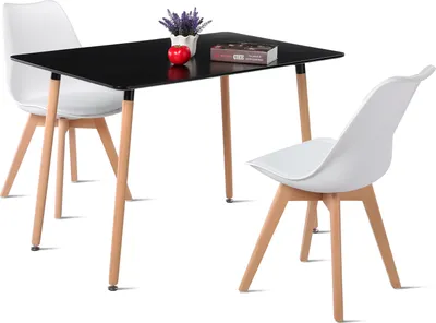 A black dining table with two white chairs, set against a white background.