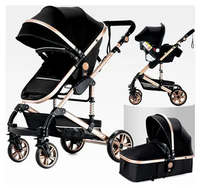 Produktbild von 3 in 1 Kombikinderwagen Hochformat Neugeborenen Faltbarer Kinderwagen (schwarz-gold)