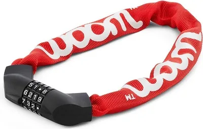 A red chain lock with a black combination lock.