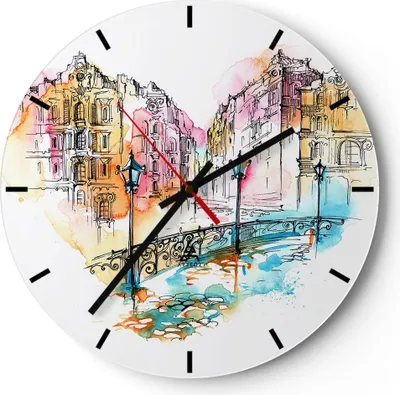 Produktbild von Wanduhr - Rund - Glasuhr - Ort Stadt Architektur Herz - 30x30cm - Schleichendes Uhrwerk - Lautlos - zum Aufhängen bereit - Dekoration Modern - Wanddekoration aus Glas - C3AR30x30-3030
