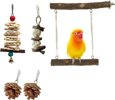 Obrázok produktu pre 5ks Drevené vtáčie ihrisko Swing Chew Toy, prírodné drevo Vtáčia klietka Závesná hračka pre malé vtáky Conure Cockatiel Parrot Lovebird
